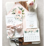 Elegant Blush Pink Floral Wedding Invitation, silk ribbon