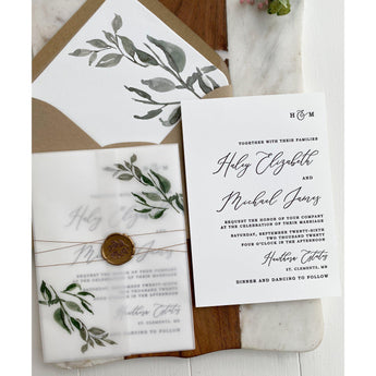Greenery, Letterpress Wedding Invitation with Vellum Wrap