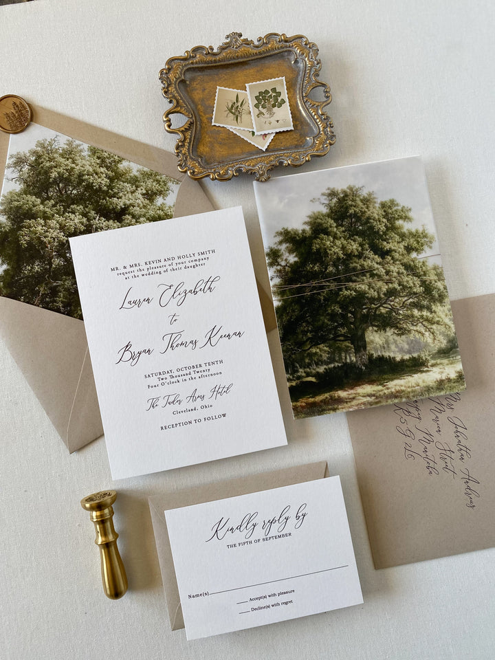 Rustic Oak Tree Wedding Invitation with Vellum Wrap and Twine