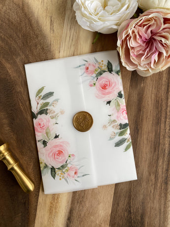 Blush Floral and Gold Wax Seal Vellum Wrap Jacket for DIY Wedding Invitation