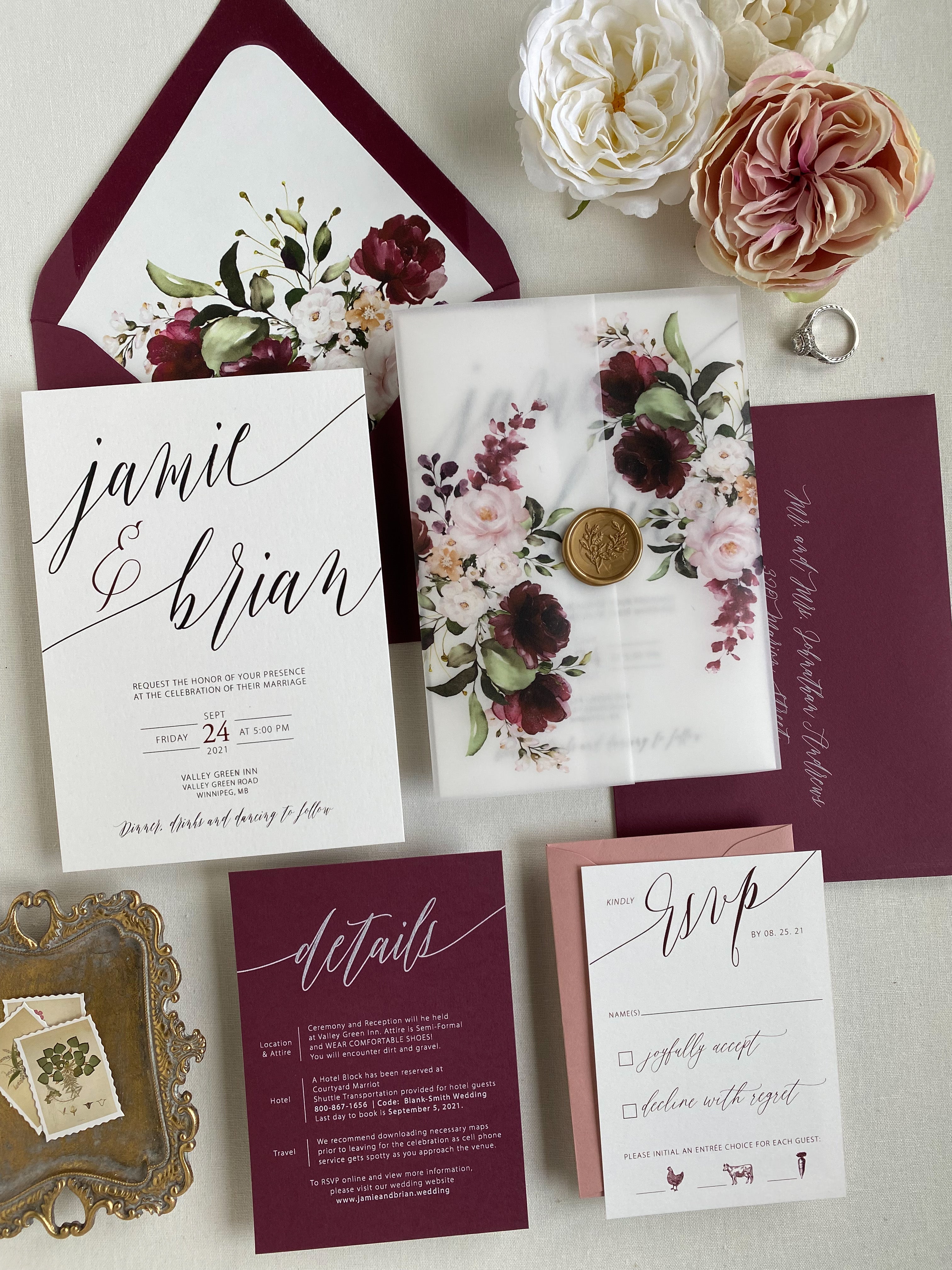 Burgundy, Blush Gold Wax Seal Vellum Wrap Jacket with Gold Wax Seal for DIY  Wedding Invitation - Cotton Willow Design Co.
