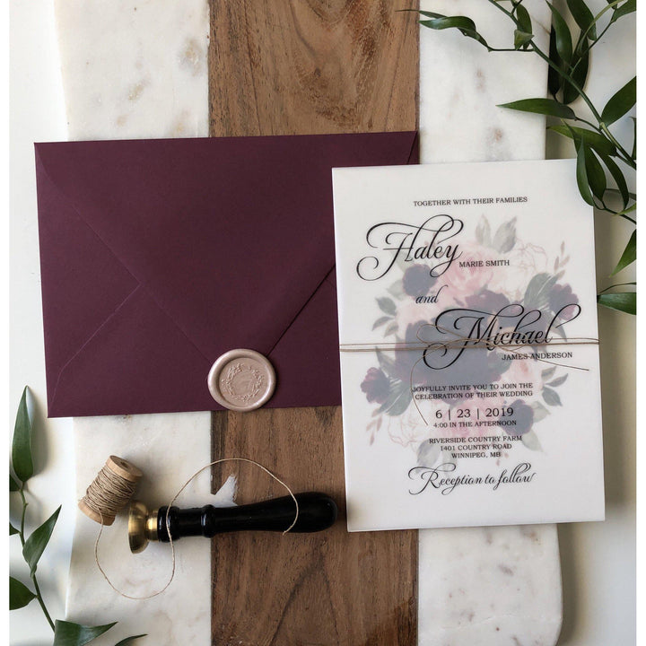 Wedding Invitation with Vellum, Burgundy and blush Florals