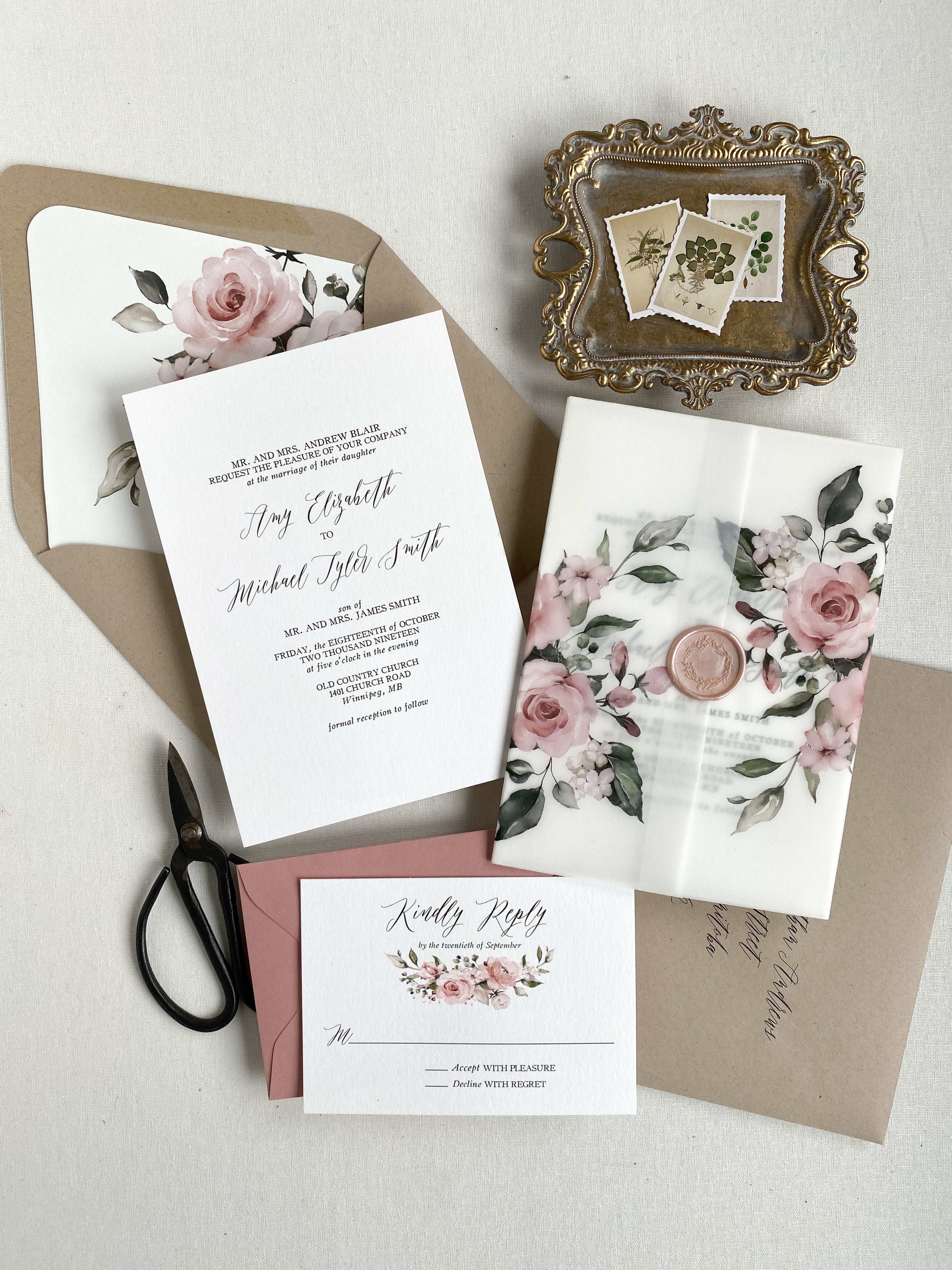 Dusty Rose Botanical Vellum Wedding Invitation Suite - Cotton Willow Design  Co.