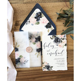 Navy and Blush Floral Translucent Wedding Invitation