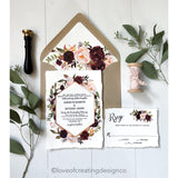Letterpress Wedding Invitation, Marsala and Blush Floral