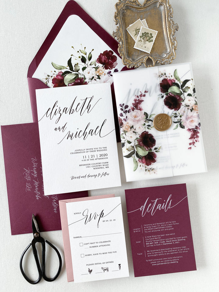 Burgundy Floral Wedding Invited Vellum Paper Wrap with Handmade Paper