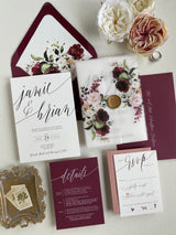 Burgundy Floral Vellum Wrap Wedding Invitation Set with Wax Seal