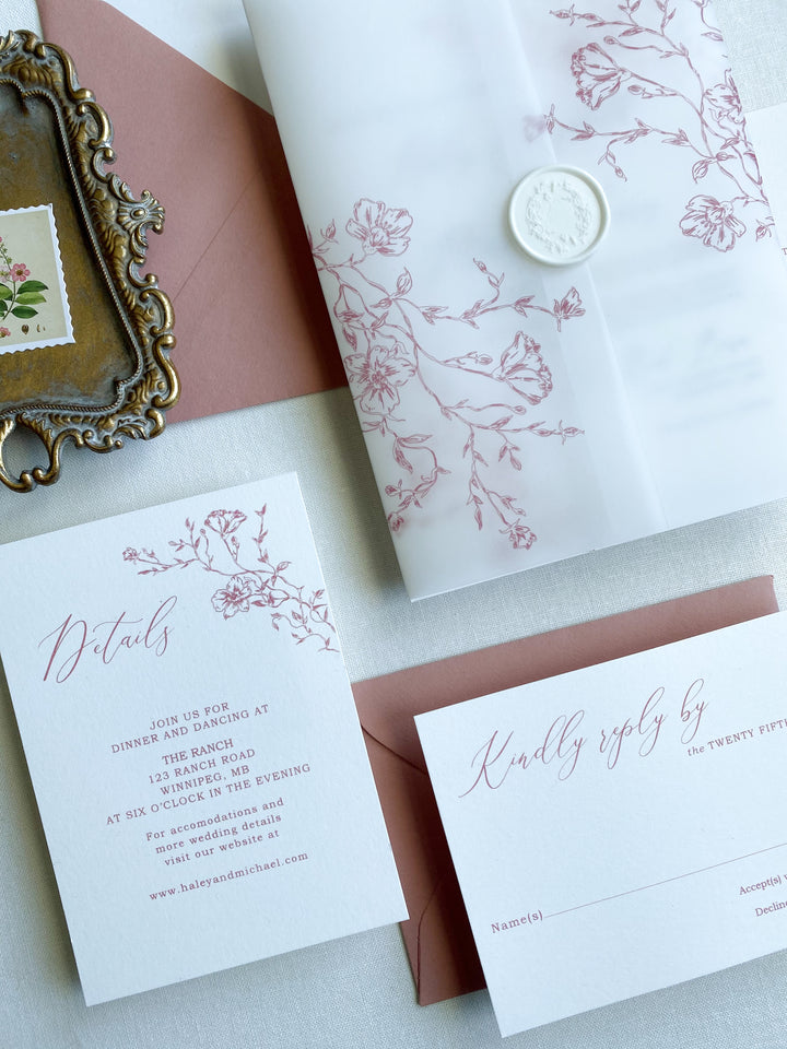 Dusty Rose Botanical Vellum Wedding Invitation Suite - Cotton Willow Design  Co.