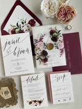 Burgundy Floral Vellum Wrap Wedding Invitation Set with Wax Seal