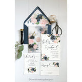 Navy and Blush Floral Translucent Wedding Invitation