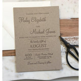 Rustic Kraft and Lace Wedding Invitation, Letterpress