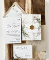 Rustic Greenery and Gold Wedding Invitation with Wax Seal and Vellum Wrap