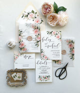 Blush Wedding Invitation, Floral Wedding Vellum Wrap Invitation