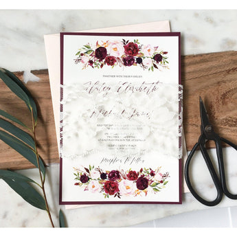 Burgundy and Blush Pink, Lace Wedding Invitation-Wedding Invitation Suite-Love of Creating Design Co.