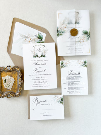 Greenery Wedding Invitation with Gold Wax Seal and Vellum Wrap