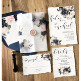 Navy and Blush Floral Translucent Wedding Invitation