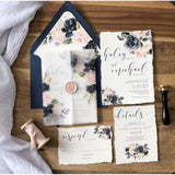 Navy and Blush Floral Translucent Wedding Invitation