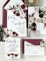 Burgundy and Blush Floral Vellum Wedding Invitation