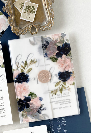 Navy and Blush Vellum Wrap Jacket for DIY Wedding Invitation