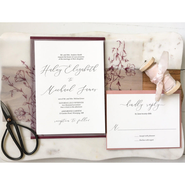 Burgundy Vellum Wedding Invitations with Envelopes, Personalised Elega