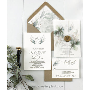 Letterpress Greenery Wedding Invitation with Vellum wrap