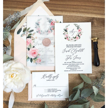 Blush Floral Letterpress Wedding Invitation with Vellum wrap