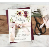 Burgundy and Pink Floral, silk ribbon-Wedding Invitation Suite-Love of Creating Design Co.