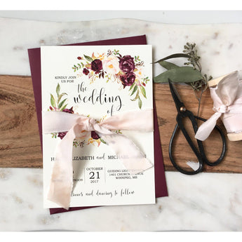 Burgundy and Pink Floral, silk ribbon-Wedding Invitation Suite-Love of Creating Design Co.