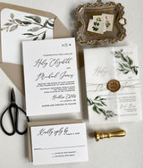 Greenery, Letterpress Wedding Invitation with Vellum Wrap
