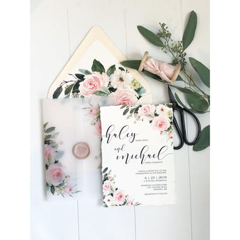 Blush Wedding Invitation, Floral Wedding Vellum Wrap Invitation