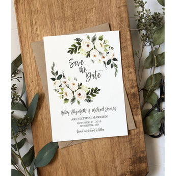 White Floral Save the Date Card with Greenery