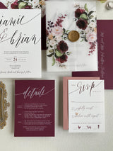 Burgundy Floral Vellum Wrap Wedding Invitation Set with Wax Seal