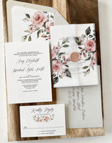 Dusty Rose Floral Wedding Invitation, Vellum Wrap