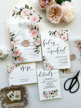 Blush Wedding Invitation, Floral Wedding Vellum Wrap Invitation