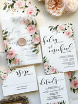 Blush Wedding Invitation, Floral Wedding Vellum Wrap Invitation