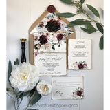 rustic wedding invitation, burgundy floral wedding invitation