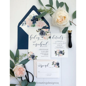 Blush and Navy Floral Wedding Invitation