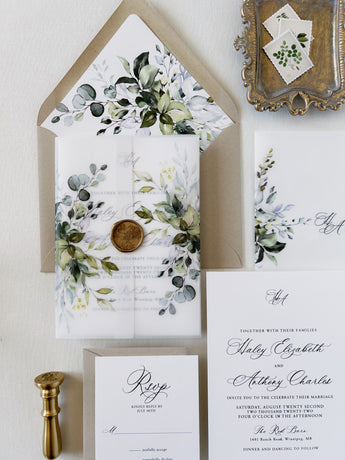 Rustic Greenery Vellum Wedding Invitation Set with Gold Wax Seal
