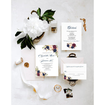 Marsala, Burgundy, Blush and Navy Floral Wedding Invitation