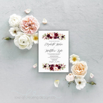 Marsala Floral Wedding Invitation, Burgundy and Blush