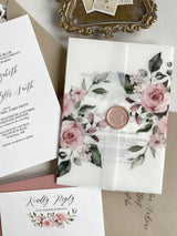 Dusty Rose Floral Wedding Invitation, Vellum Wrap