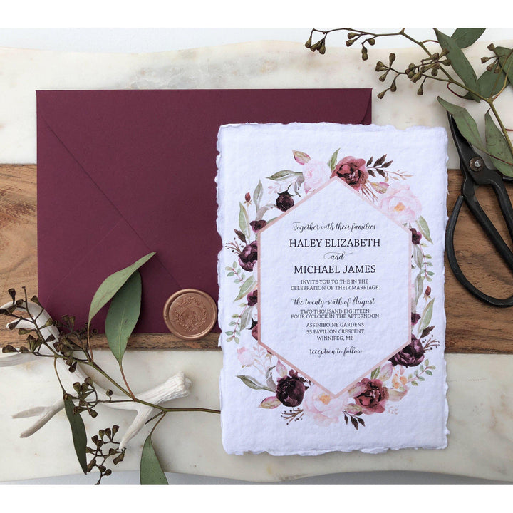 Burgundy Floral Wedding Invitation, Handmade, Deckled Edge