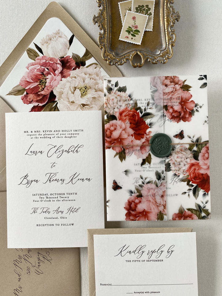 Vintage Floral Vellum Wrap and Wax Seal Wedding Invitation Set - Cotton  Willow Design Co.