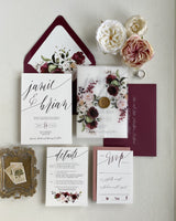 Burgundy Floral Vellum Wrap Wedding Invitation Set with Wax Seal