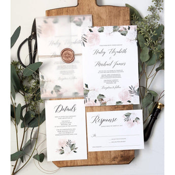 Blush Pink Floral Wedding Invitation, with Rose Gold