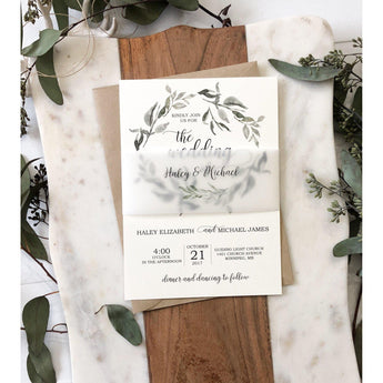 Modern Greenery Wedding Invitation, Vellum Belly Band