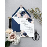 Blush and navy floral, Letterpress wedding invitation