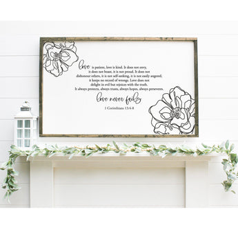 Love Never Fails 1 Corinthians 13:4-8 Wood Sign