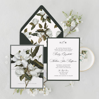 Elegant Magnolia Floral Wedding Invitation Suite