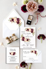 Burgundy and Blush Floral Wedding Invitation Suite Printable